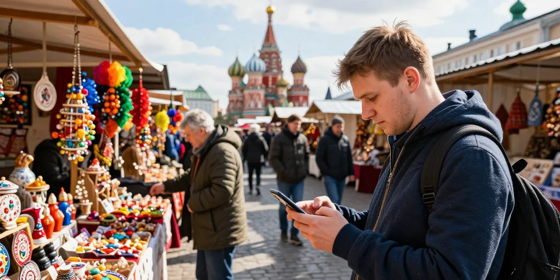Rusya'da yerel pazarda akıllı telefon kullanarak ödeme yapan turist.