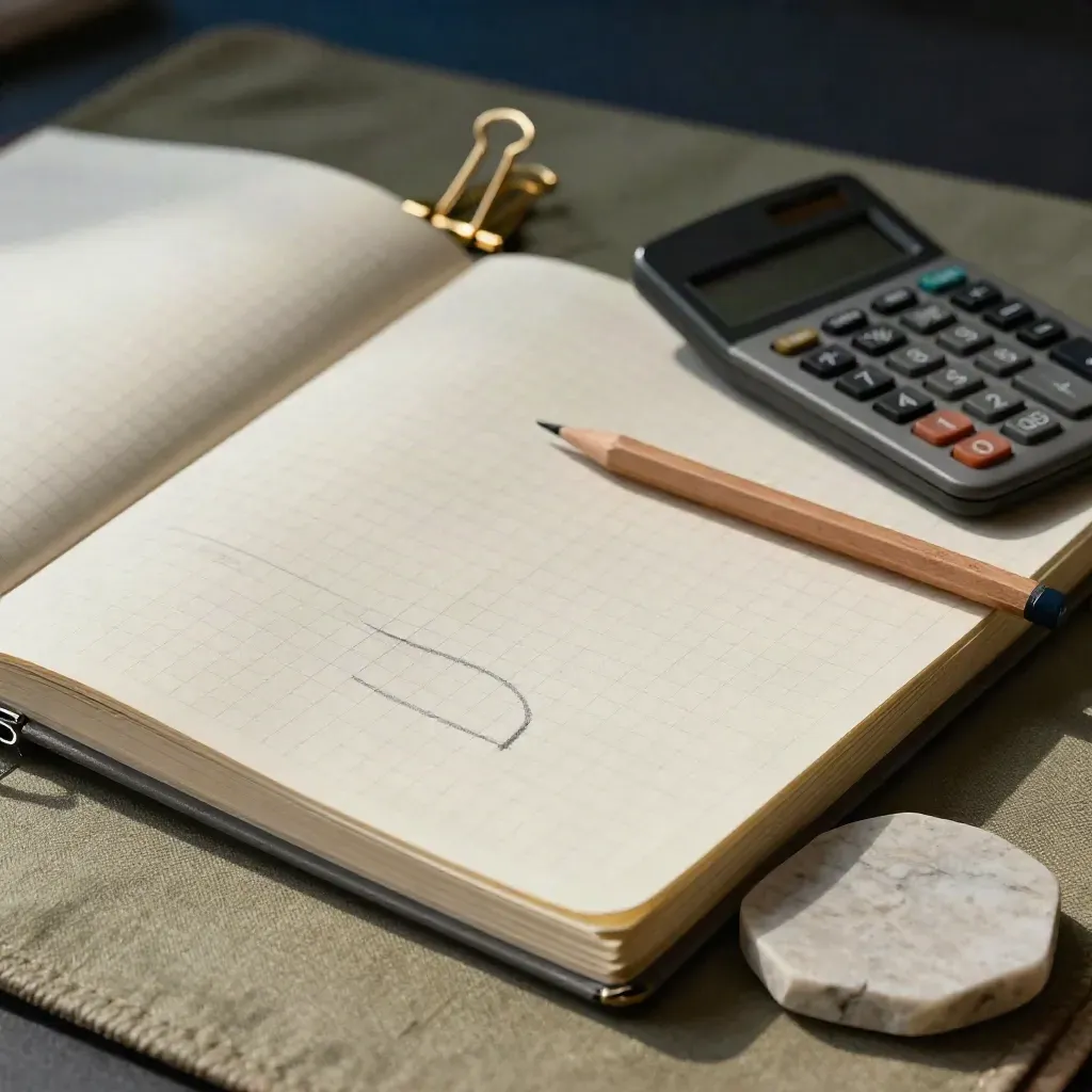 Matematik çalışmasına ait düzenli defter, hesap makinesi ve kalemli masa sahnesi.