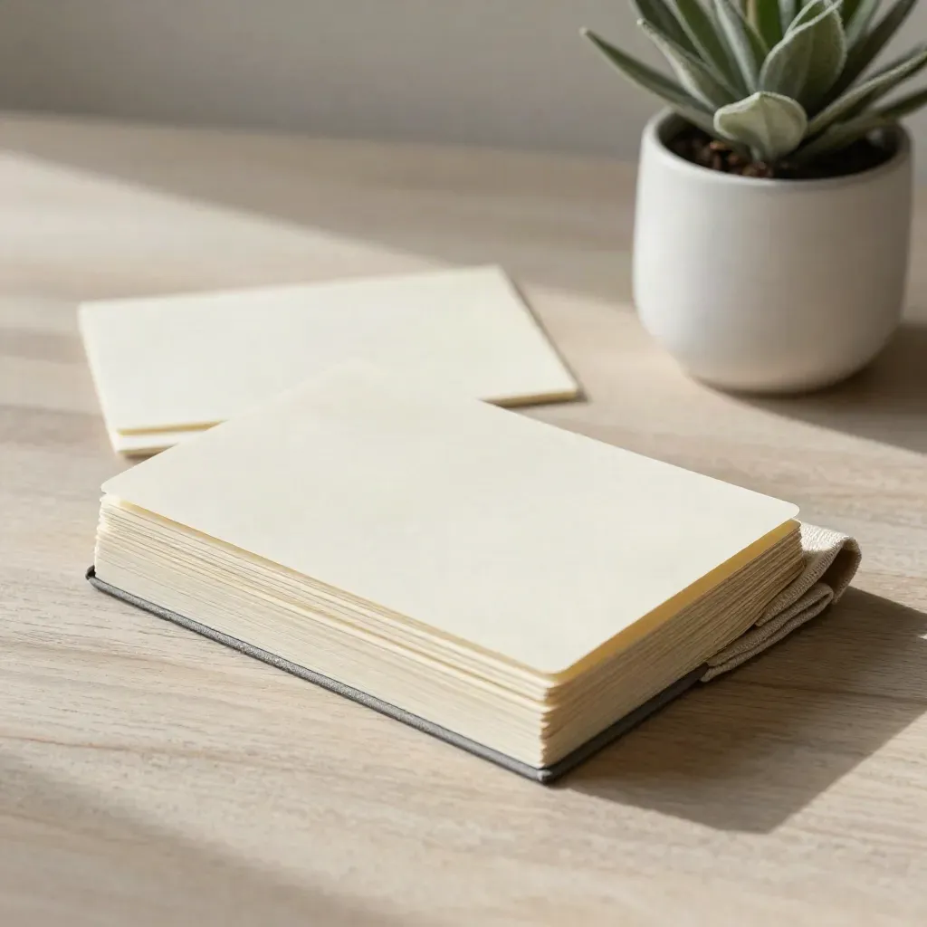 Pale ahşapta sıralı defter yığını, krem kartlar, keten kumaş ve küçük saksı bitkisi.